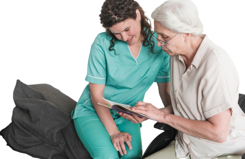 nurse-looking-senior-woman-reading-book